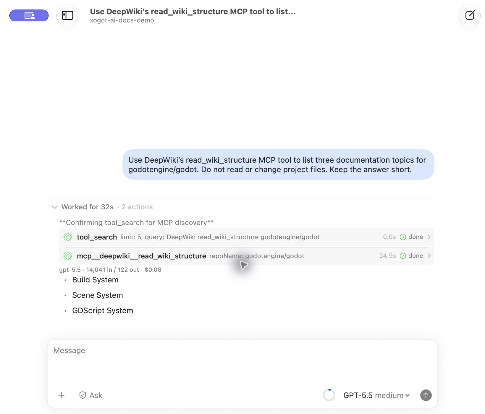 The Xogot Coding Assistant using the DeepWiki MCP server to retrieve documentation topics for the Godot repository.