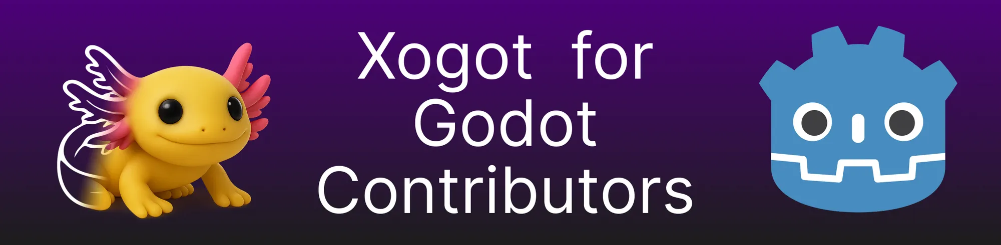 Xogot dla współtwórców Godot, zilustrowany z ikonką axolotla Xogot i logo Godot.
