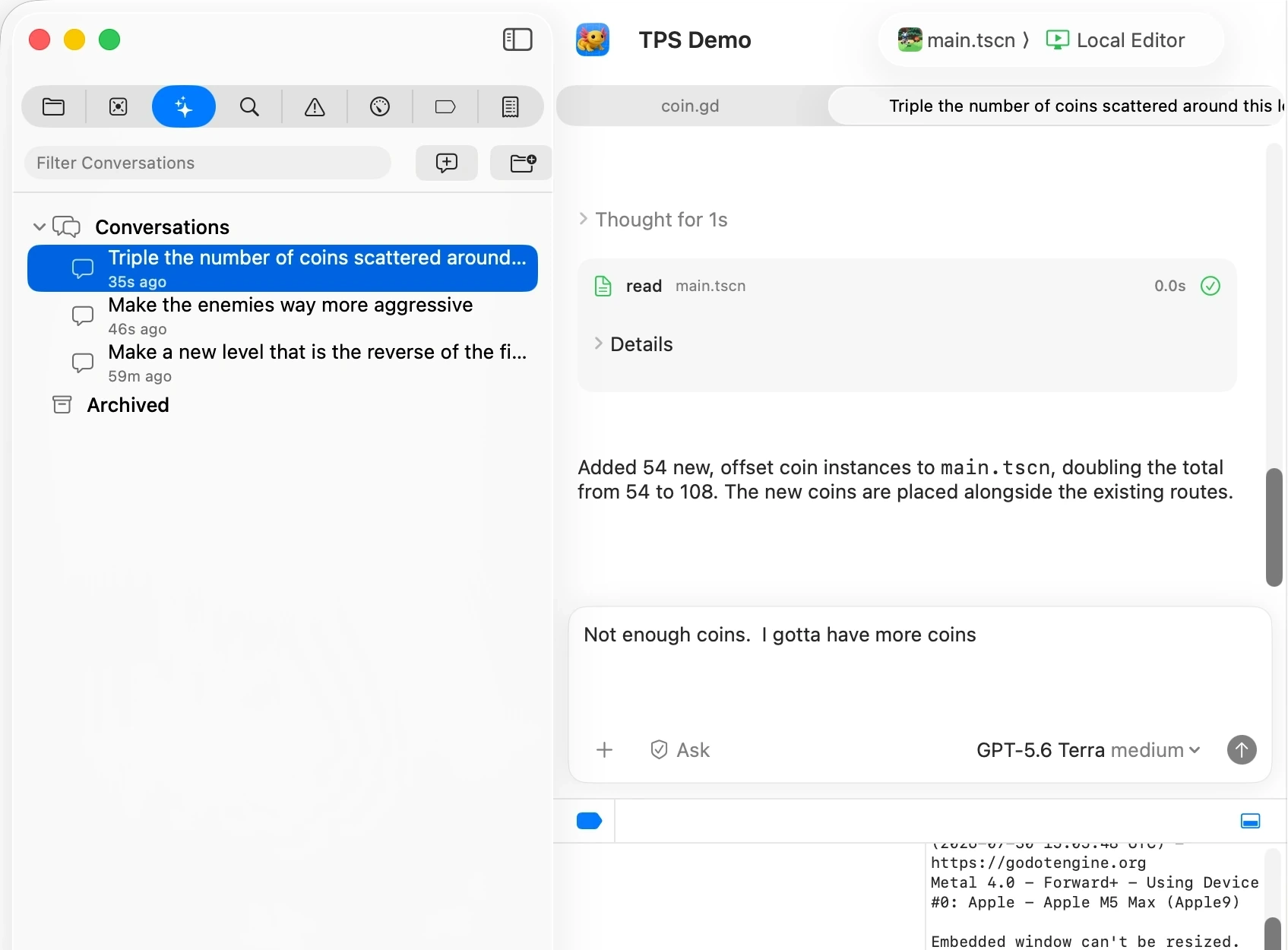 The built-in Xogot coding agent editing a game project in a conversation inside the Mac editor.