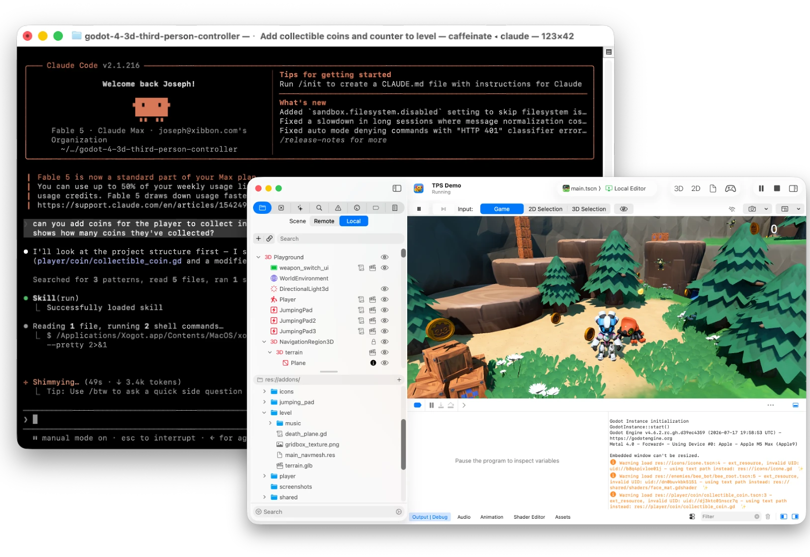 Claude Code driving Xogot from the command line alongside a running game in the Mac editor.