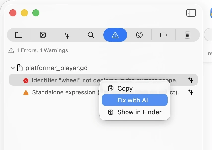 The Xogot Issue Navigator showing a script error with a Fix with AI action.