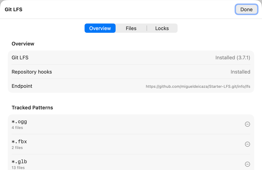 Огляд Git LFS у Xogot зі станом інсталяції та відстежуваними шаблонами файлів.