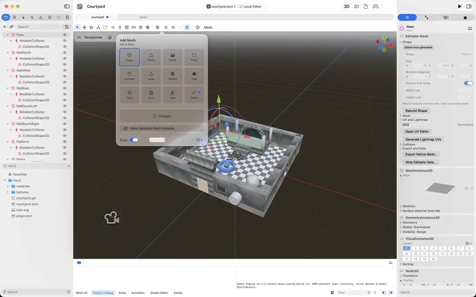 A courtyard built with Xogot Modeler on Mac, with the shape palette and mesh inspector open.