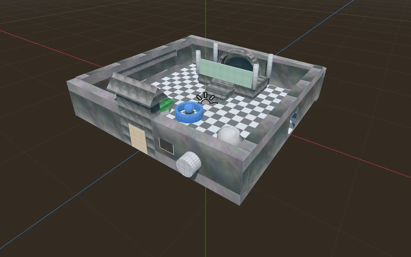 A close-up of a courtyard built with Xogot Modeler, showing textured walls, stairs, and a fountain.